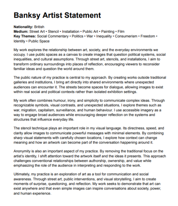 Banksy Artist Statement - Free AI Artist Statement Generator, 50+ Real Artist Statement Examples