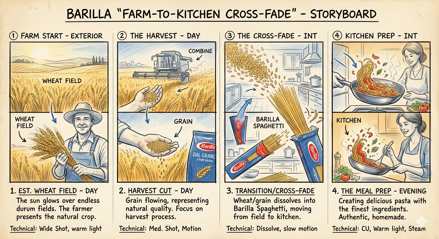 Barilla Farm-to-Kitchen Cross-Fade Setting Storyboard - Free AI Storyboard Generator, 40+ Real Storyboard Examples