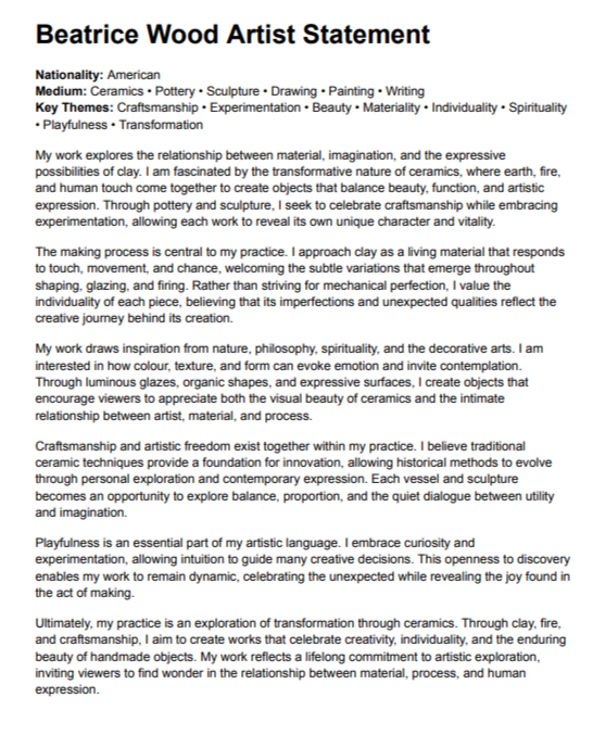 Beatrice Wood Artist Statement - Free AI Artist Statement Generator, 50+ Real Artist Statement Examples