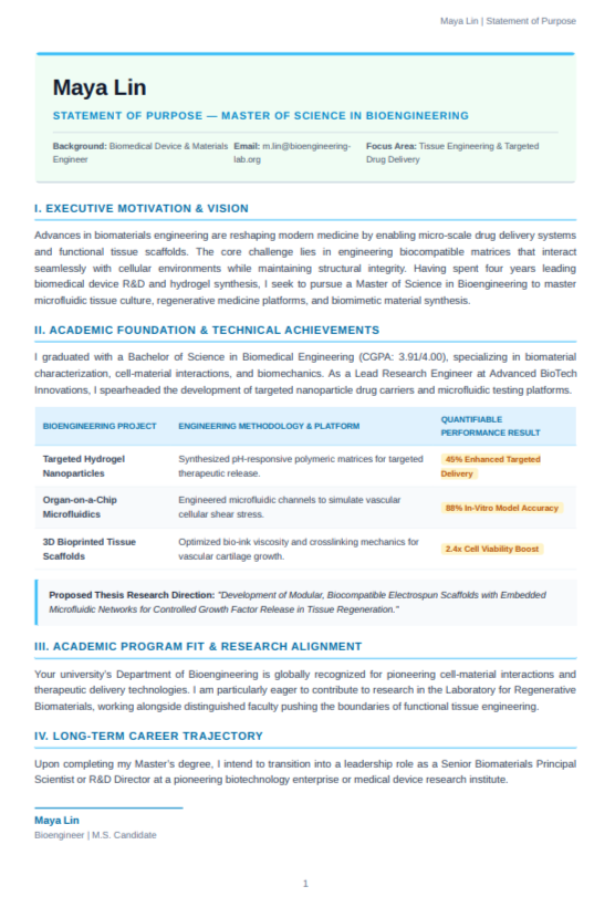 Bioengineering Statement of Purpose - Free AI Statement of Purpose Generator with 50+ Real SOP Examples