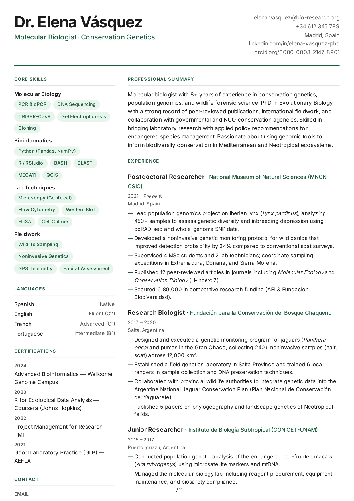 Biologist CV - Free AI CV Maker, 50+ Real CV Examples