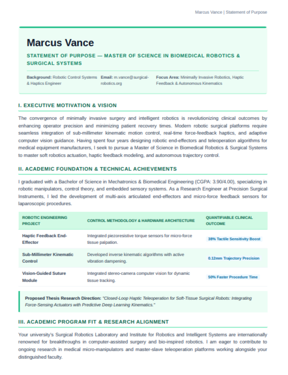 Biomedical Robotics Statement of Purpose - Free AI Statement of Purpose Generator with 50+ Real SOP Examples