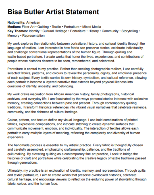 Bisa Butler Artist Statement - Free AI Artist Statement Generator, 50+ Real Artist Statement Examples