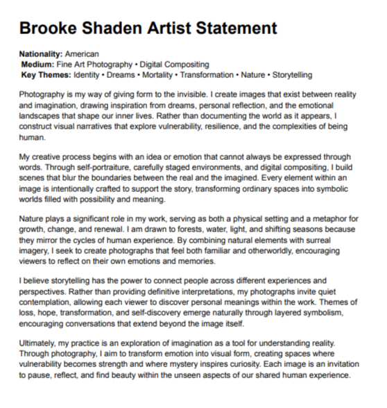 Brooke Shaden Artist Statement - Free AI Artist Statement Generator, 50+ Real Artist Statement Examples