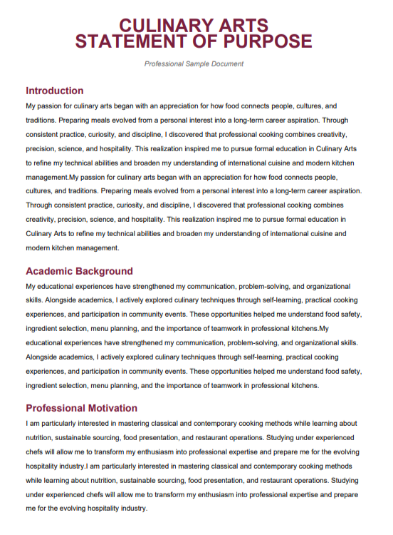 Culinary Arts Statement of Purpose - Free AI Statement of Purpose Generator with 50+ Real SOP Examples