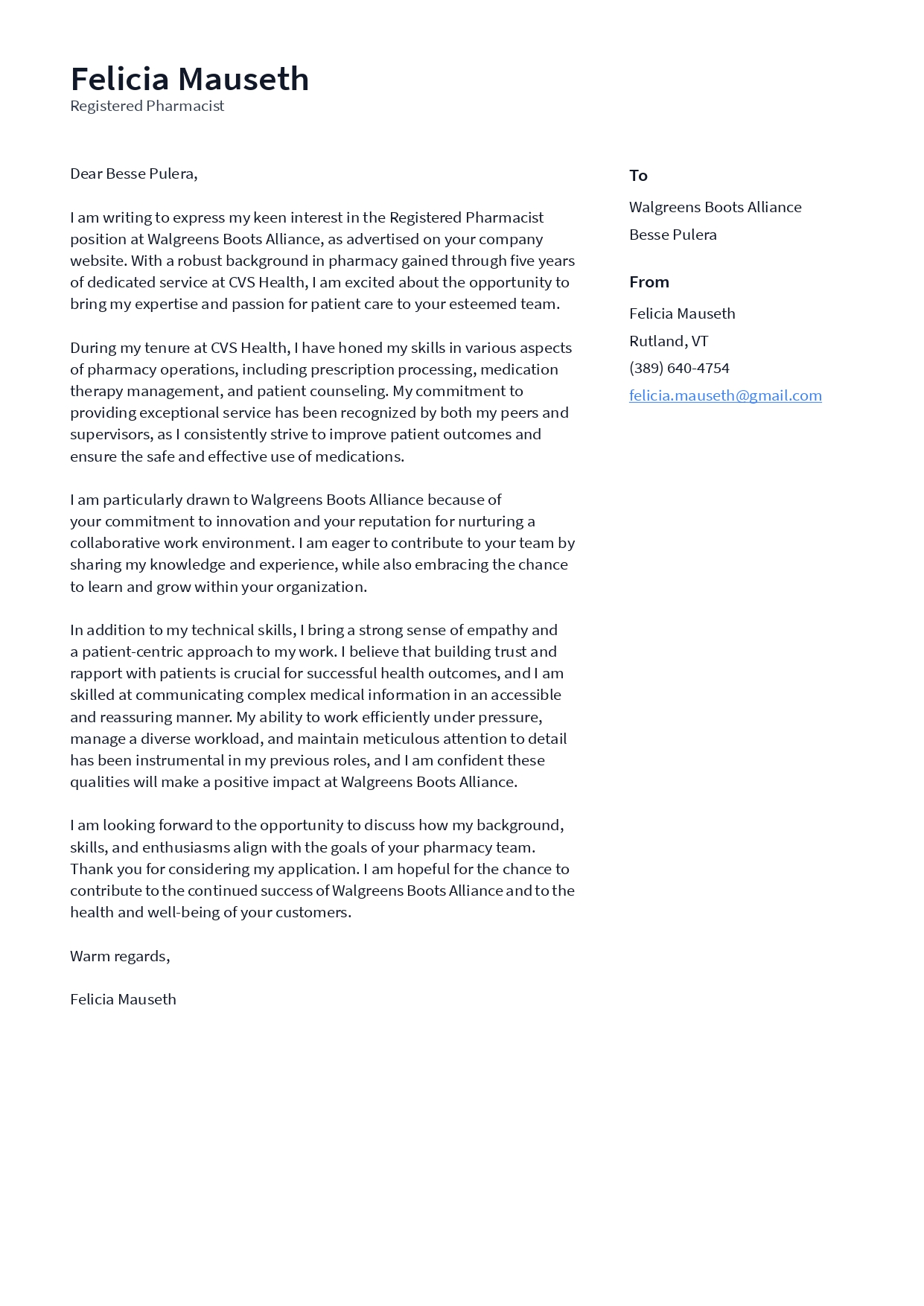 CVS Health Pharmacist Cover Letter - Free AI Cover Letter Generator, 50+ Real Cover Letter Examples