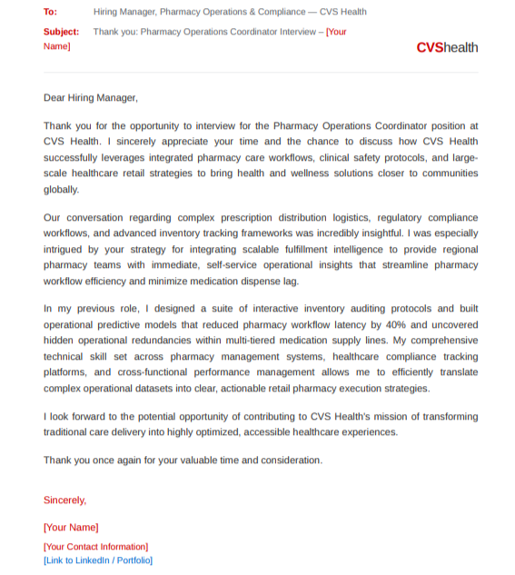 CVS Health Pharmacy Operations Coordinator - AI Thank you Email after Interview Generator