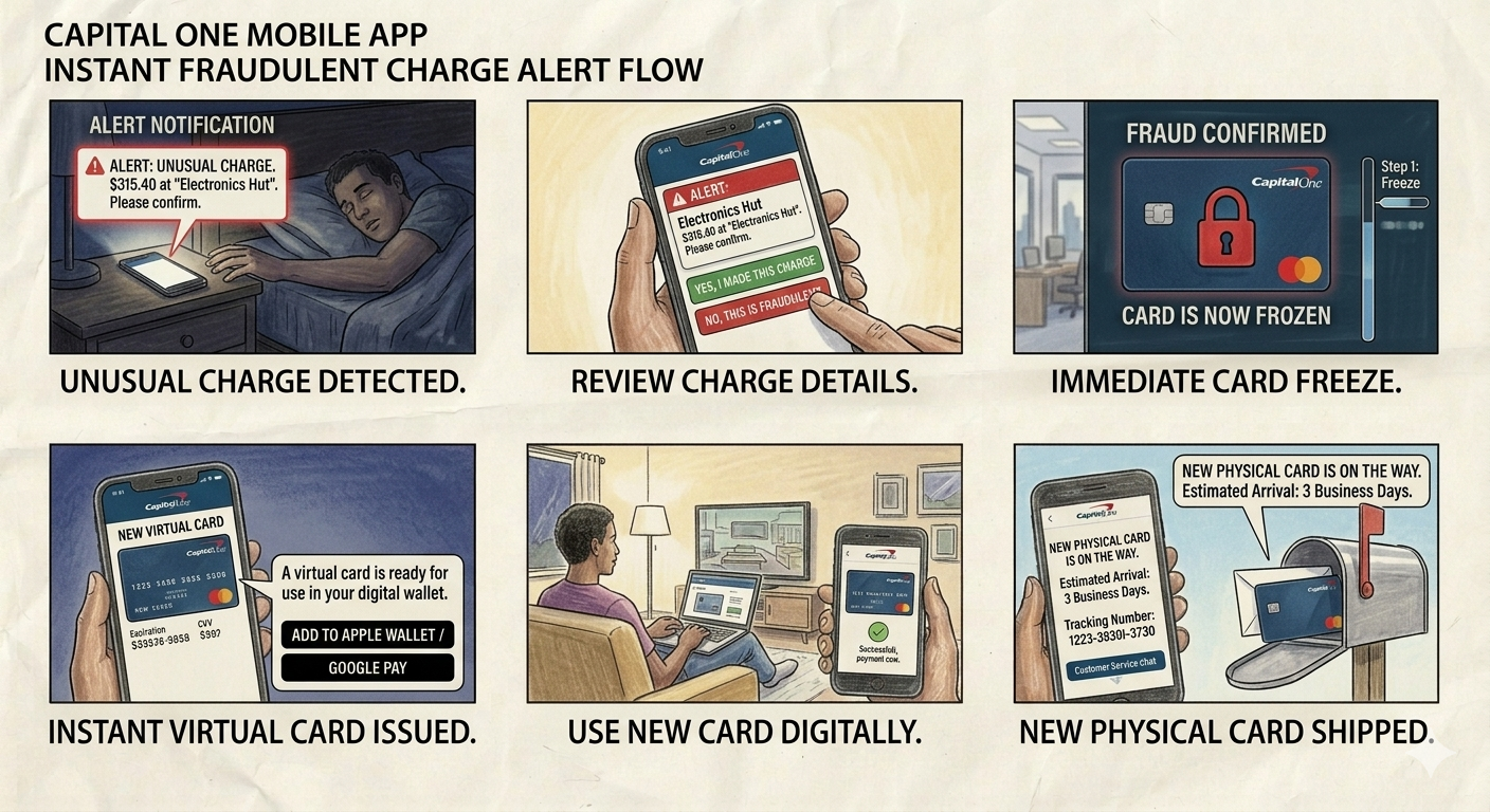 Capital One Instant Fraud Alert Storyboard - Free AI Storyboard Generator, 50+ Real Storyboard Examples