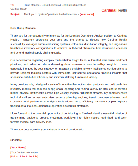 Cardinal Health Logistics Operations Analyst - AI Thank you Email after Interview Generator