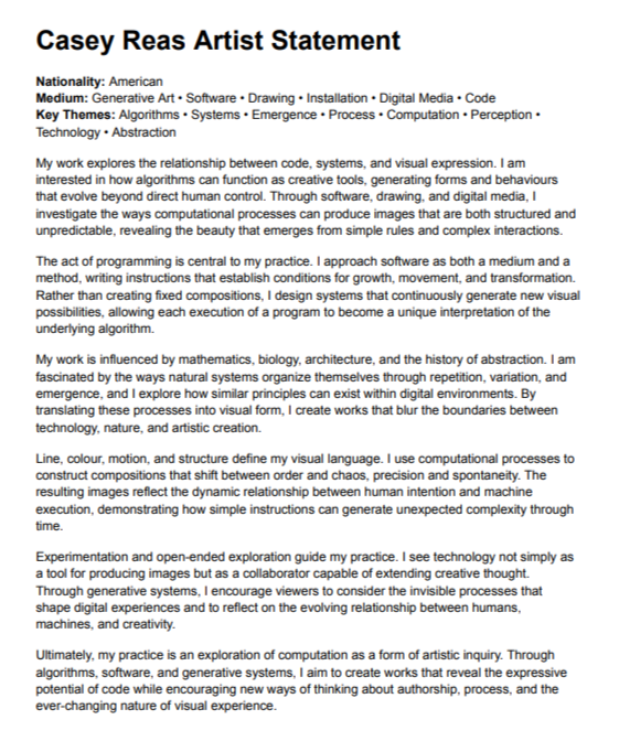 Casey Reas Artist Statement - Free AI Artist Statement Generator, 50+ Real Artist Statement Examples