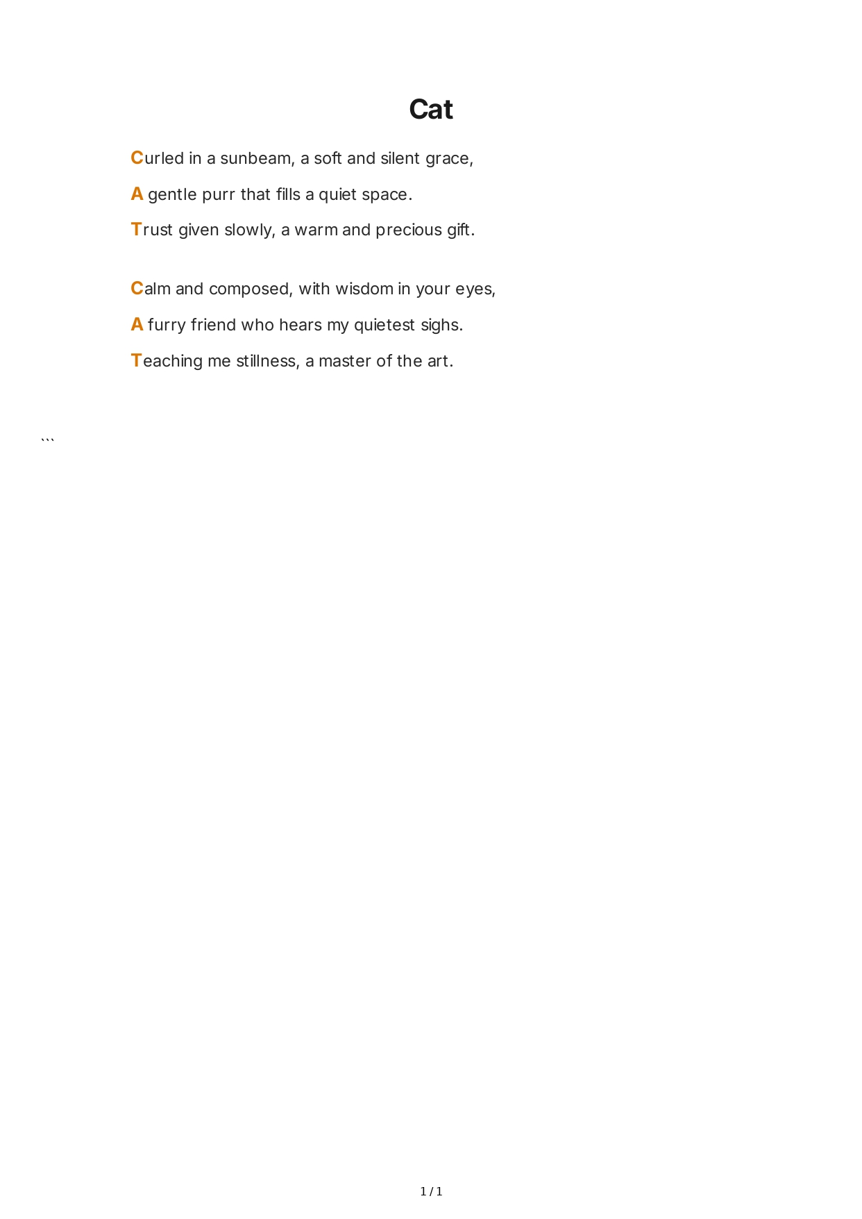 Cat Acrostic Poem