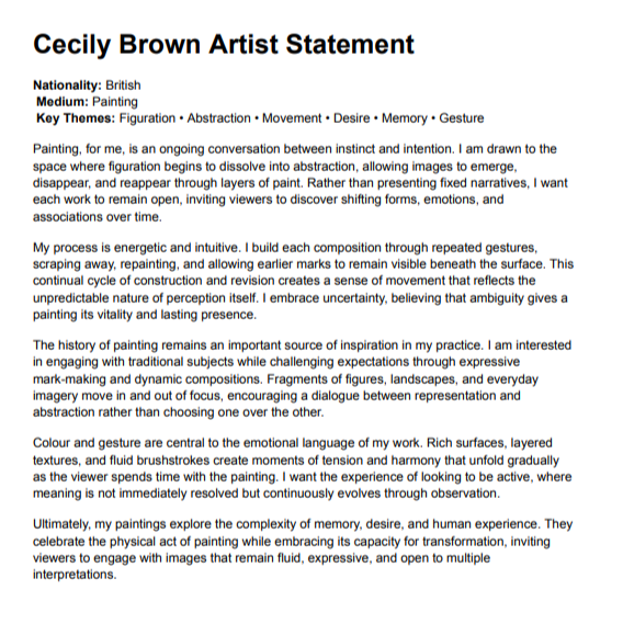 Cecily Brown Artist Statement - Free AI Artist Statement Generator, 50+ Real Artist Statement Examples