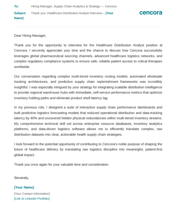 Cencora Healthcare Distribution Analyst - AI Thank you Email after Interview Generator