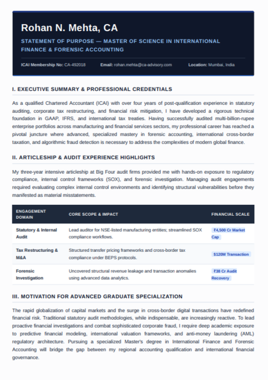 Chartered Accountant Statement of Purpose - Free AI Statement of Purpose Generator with 50+ Real SOP Examples