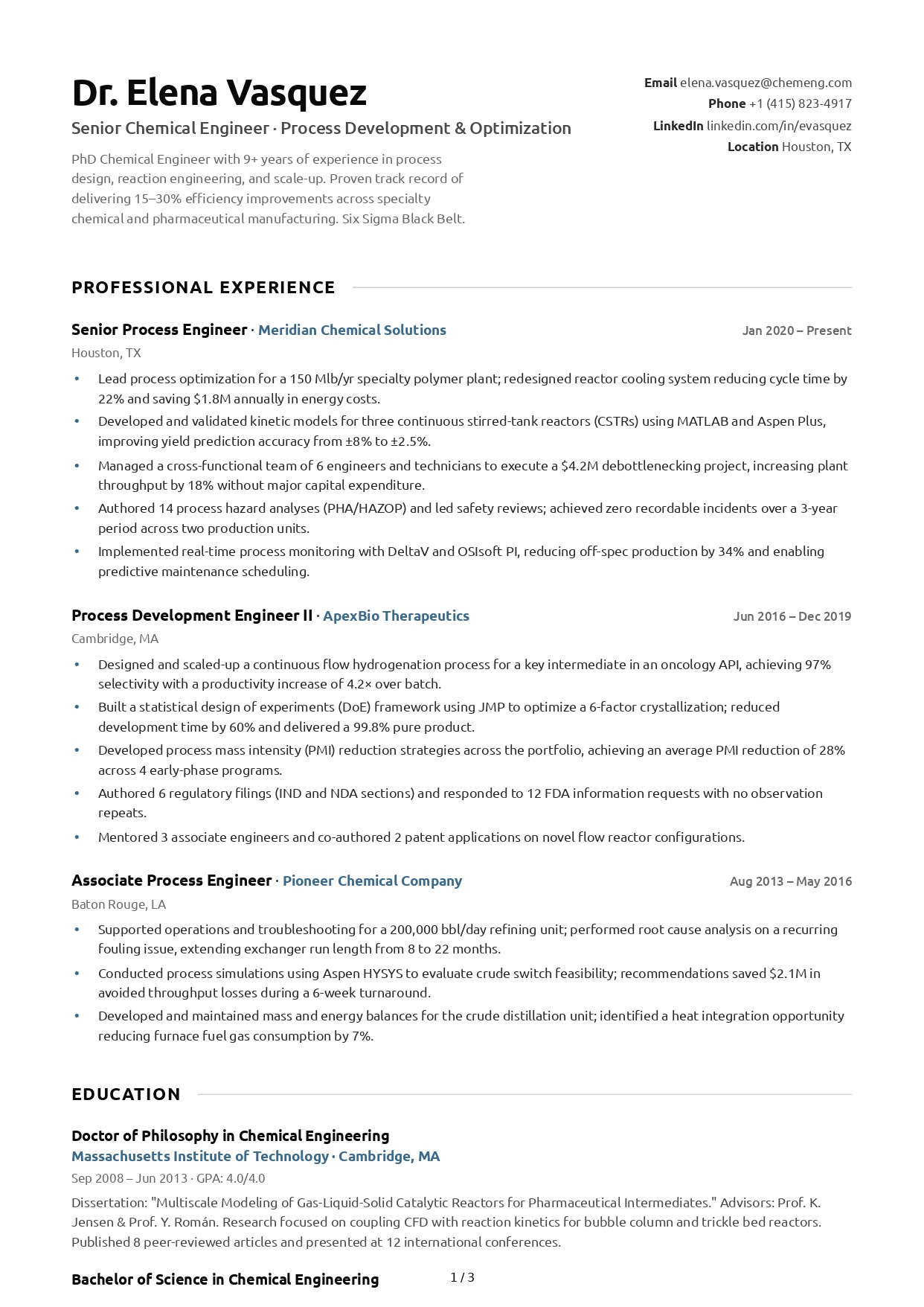 Chemical Engineer CV - Free AI CV Maker, 50+ Real CV Examples
