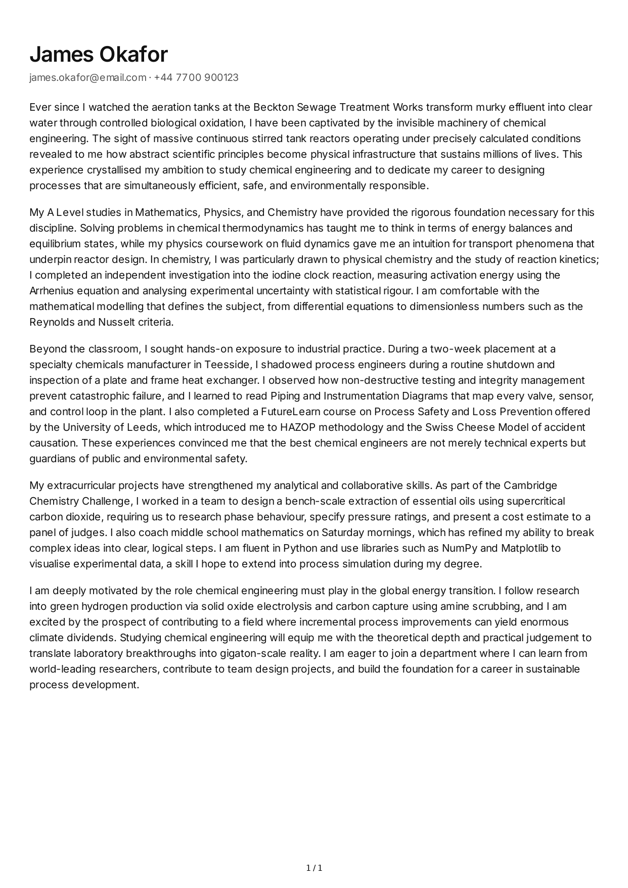 Chemical Engineering Personal Statement - Free AI Personal Statement Generator, 50+ Real Personal Statement Examples