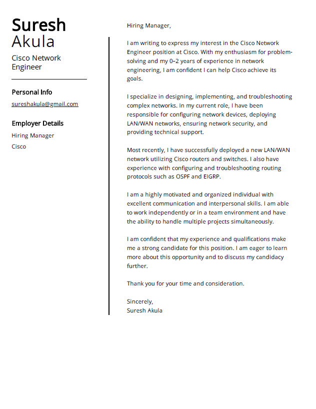 Cisco Network Engineer Cover Letter - Free AI Cover Letter Generator, 50+ Real Cover Letter Examples