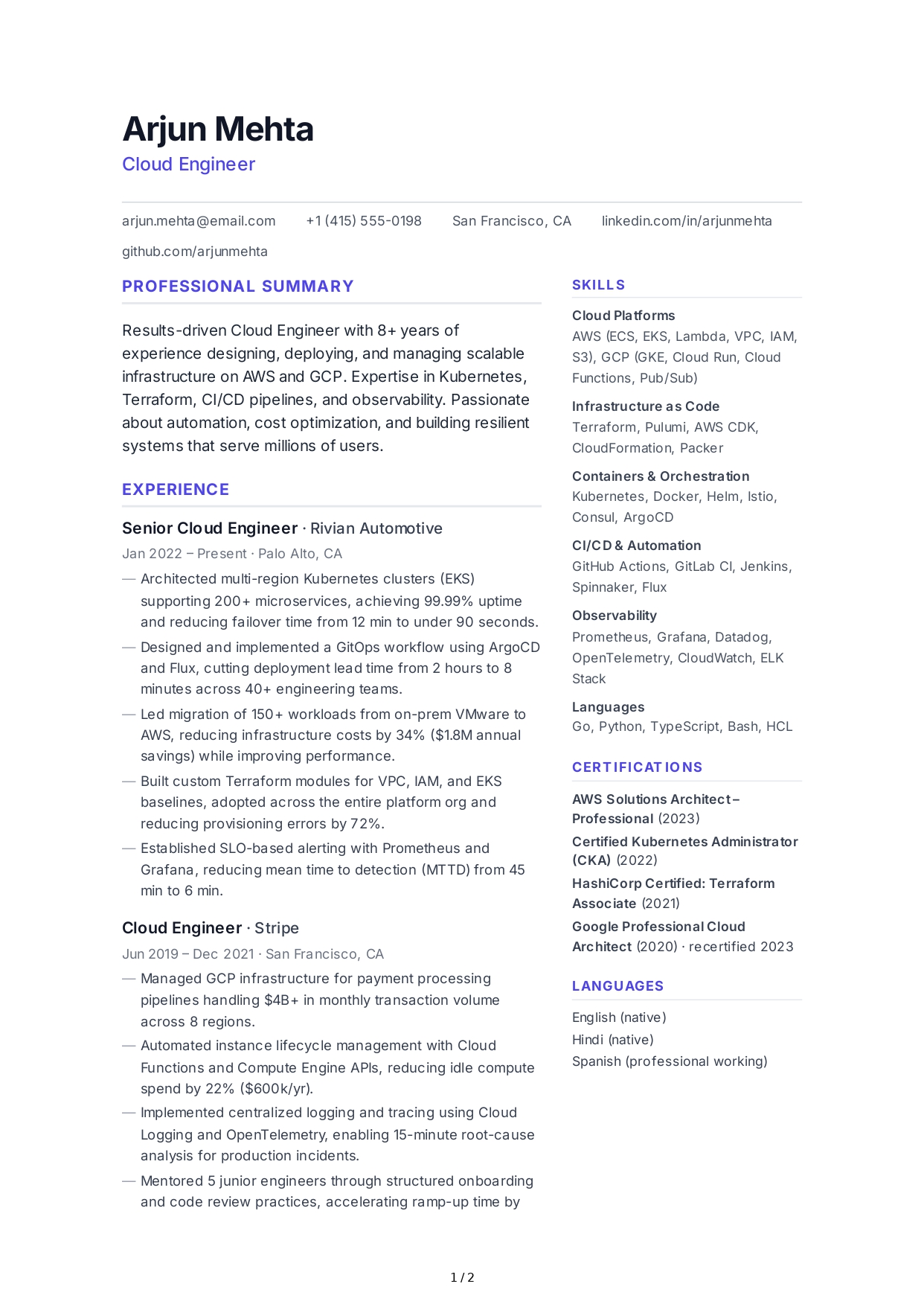 Cloud Engineer CV - Free AI CV Maker, 50+ Real CV Examples