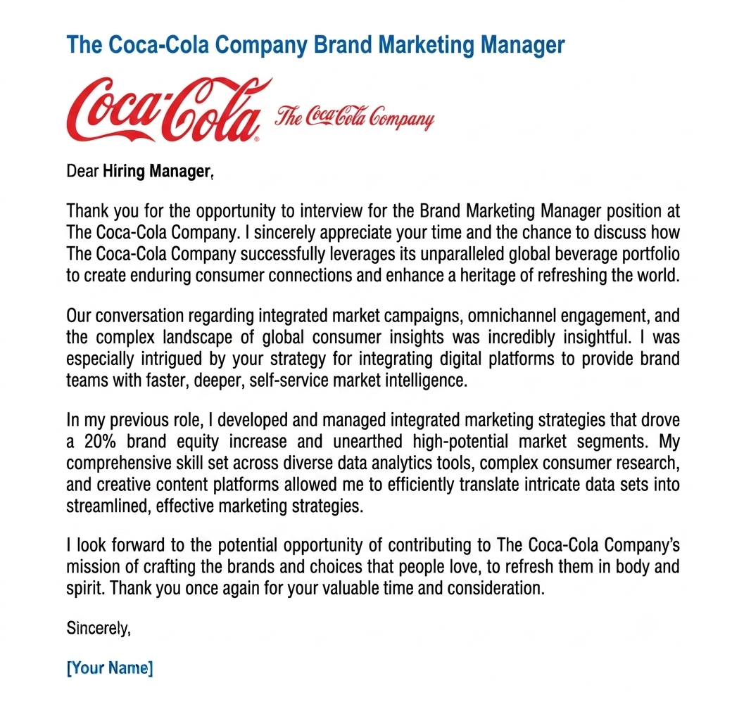 Coca Cola Company Brand Marketing Manager - AI Thank you Email after Interview Generator