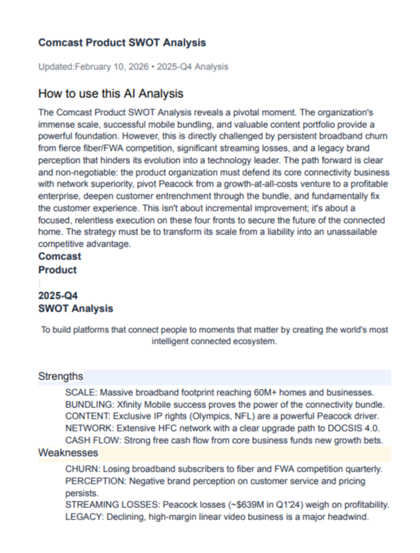 Comcast Swot Analysis  - Free AI swot analysis Generator, 50+ Real swot analysis Examples