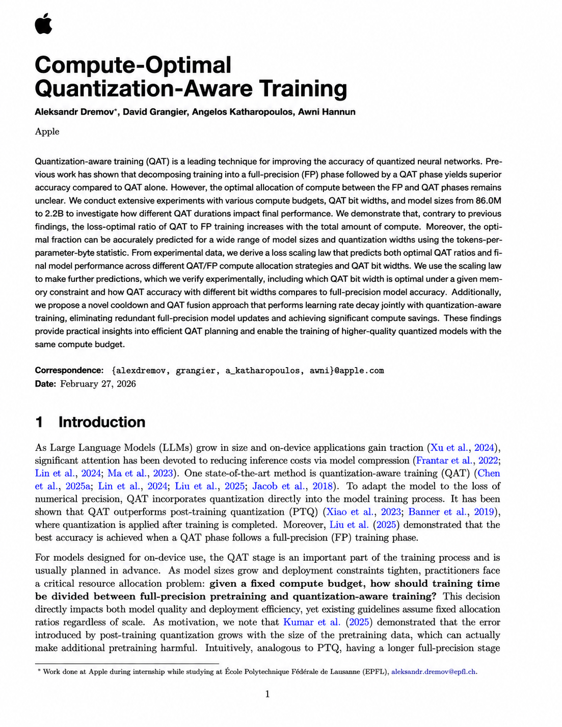 Compute-Optimal Quantization-Aware Training Research Paper by Apple - Free AI Research Paper Generator, 50+ Real Research Paper Examples