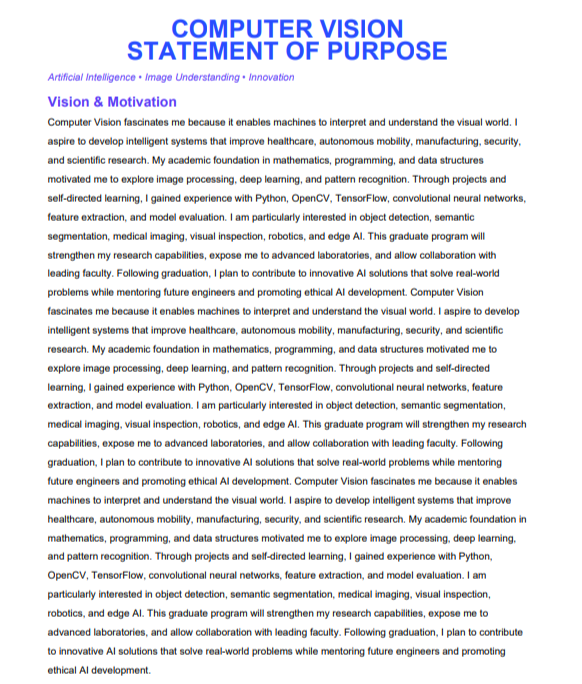 Computer Vision Statement of Purpose - Free AI Statement of Purpose Generator with 50+ Real SOP Examples