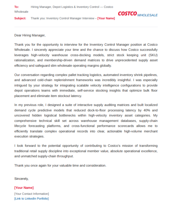 Costco Inventory Control Manager Thank you email after Interview - AI Thank you Email after Interview Generator