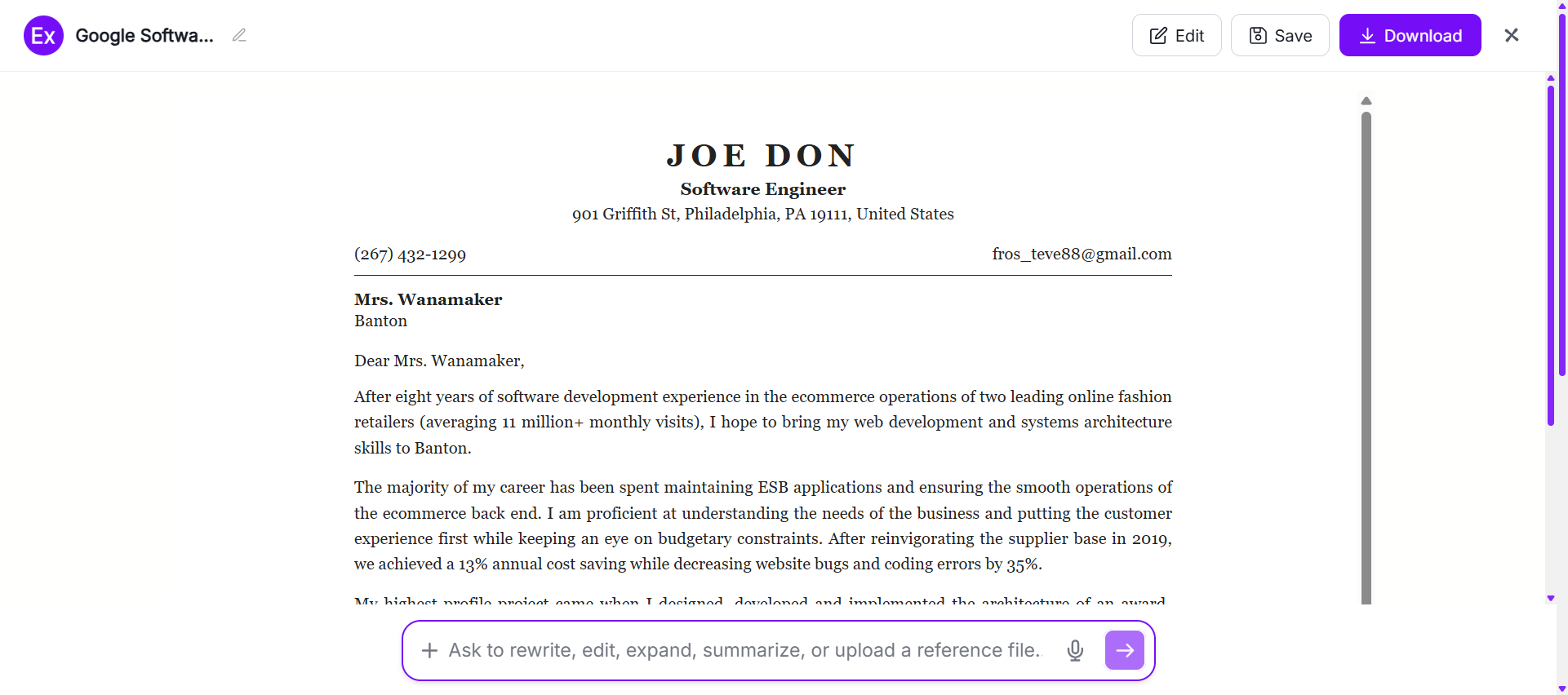 Generate AI Cover Letter