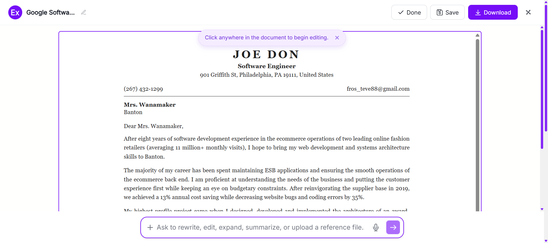 Customize Cover Letter