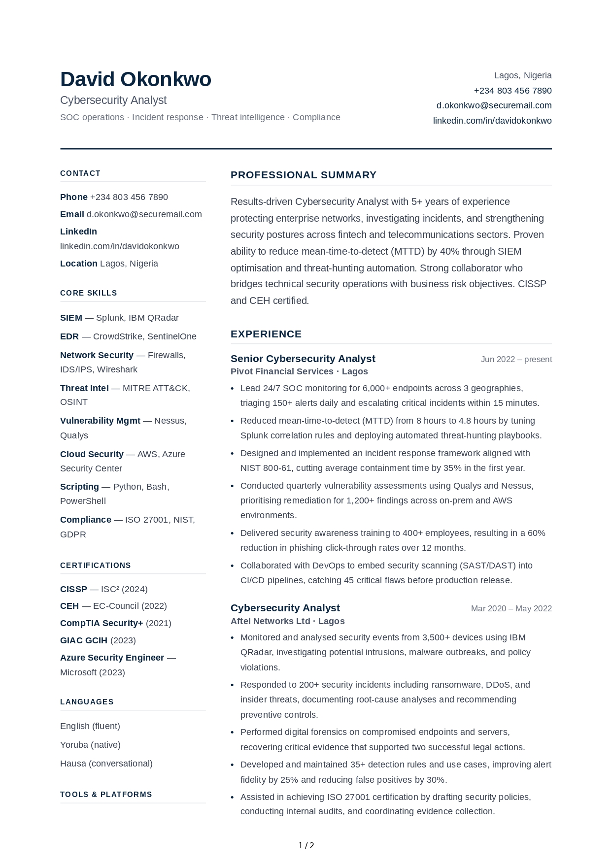 Cybersecurity Analyst CV - Free AI CV Maker, 50+ Real CV Examples