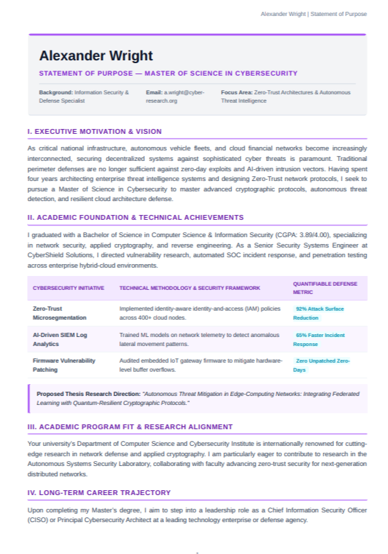 Cybersecurity Statement of Purpose - Free AI Statement of Purpose Generator with 50+ Real SOP Examples