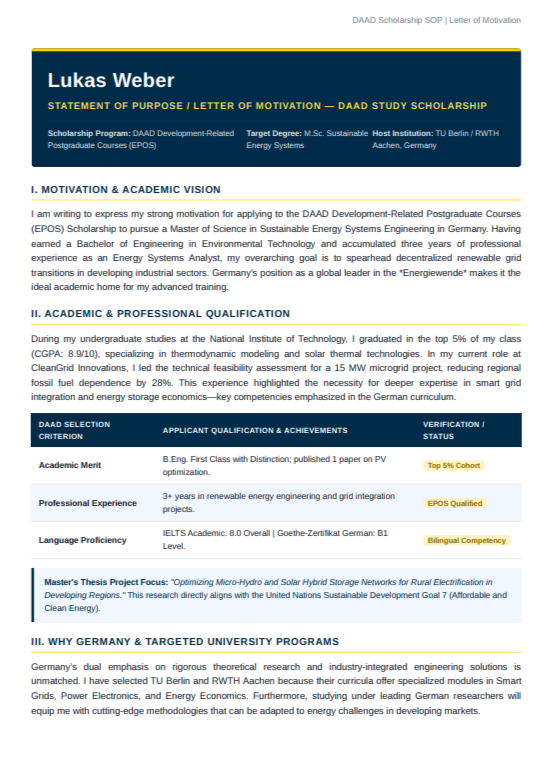 DAAD Scholarship Statement of Purpose - Free AI Statement of Purpose Generator with 50+ Real SOP Examples