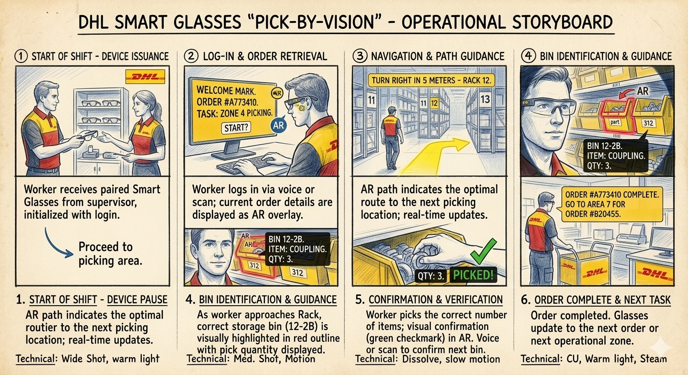 DHL Smart Glasses Pick-by-Vision AR Storage Bin Guide Overlays Storyboard - Free AI Storyboard Generator, 40+ Real Storyboard Examples