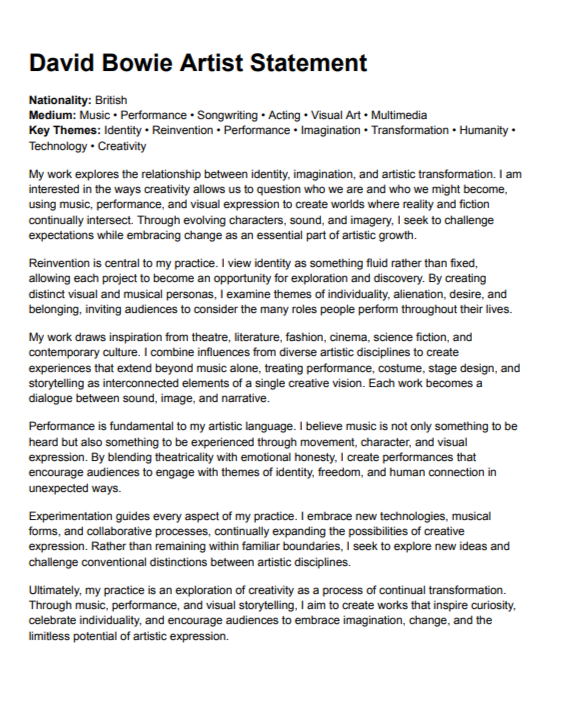 David Bowie Artist Statement - Free AI Artist Statement Generator, 50+ Real Artist Statement Examples