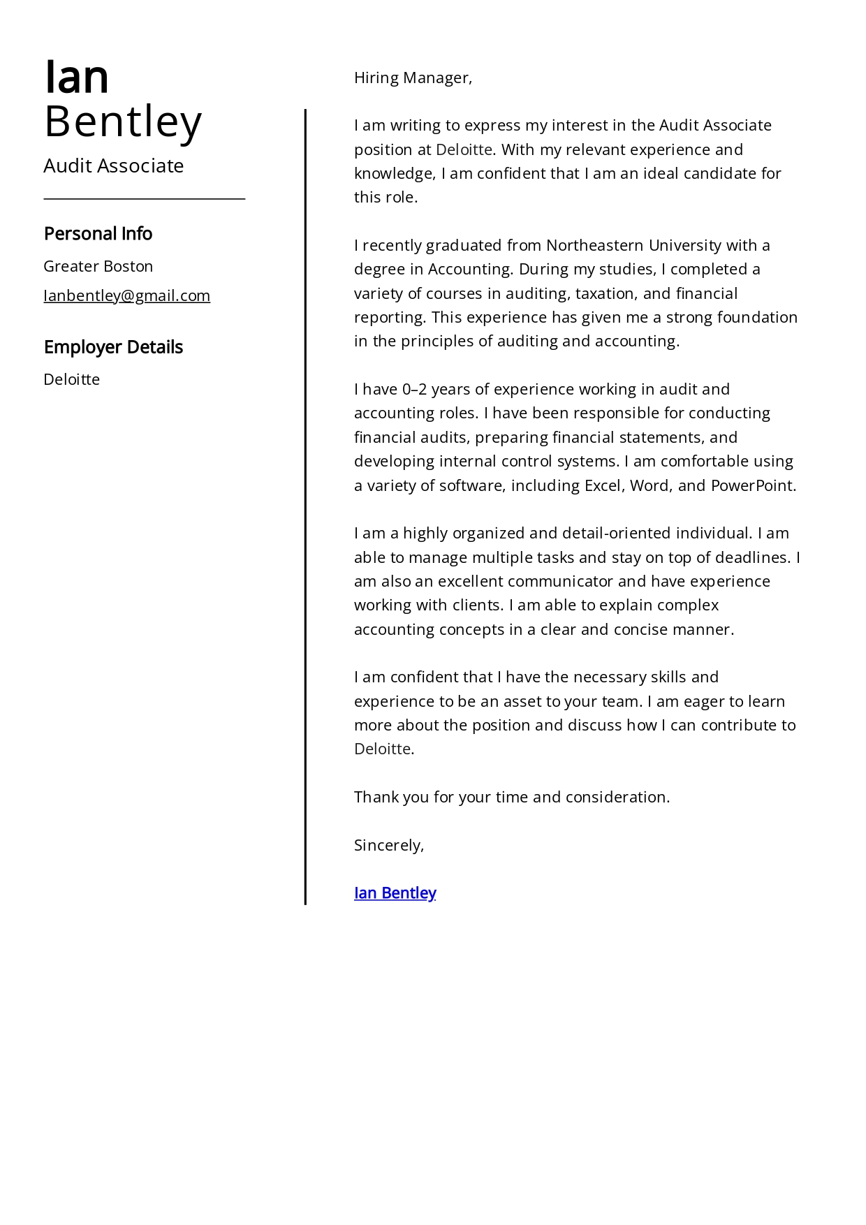 Deloitte Audit Associate Cover Letter - Free AI Cover Letter Generator, 50+ Real Cover Letter Examples