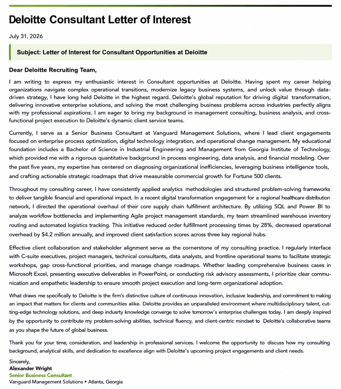 Deloitte Consultant Letter of Interest - Free AI Letter of Interest Generator, 50+ Real Letter of Interest Examples