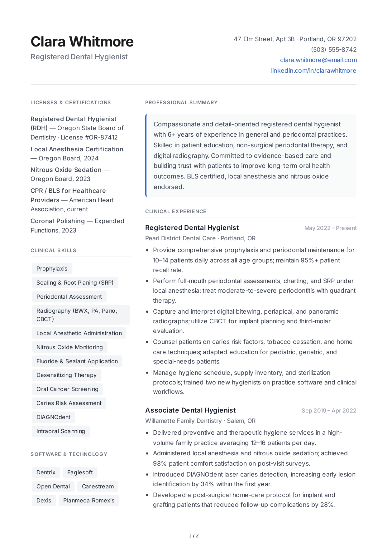 Dental Hygienist CV - Free AI CV Maker, 50+ Real CV Examples
