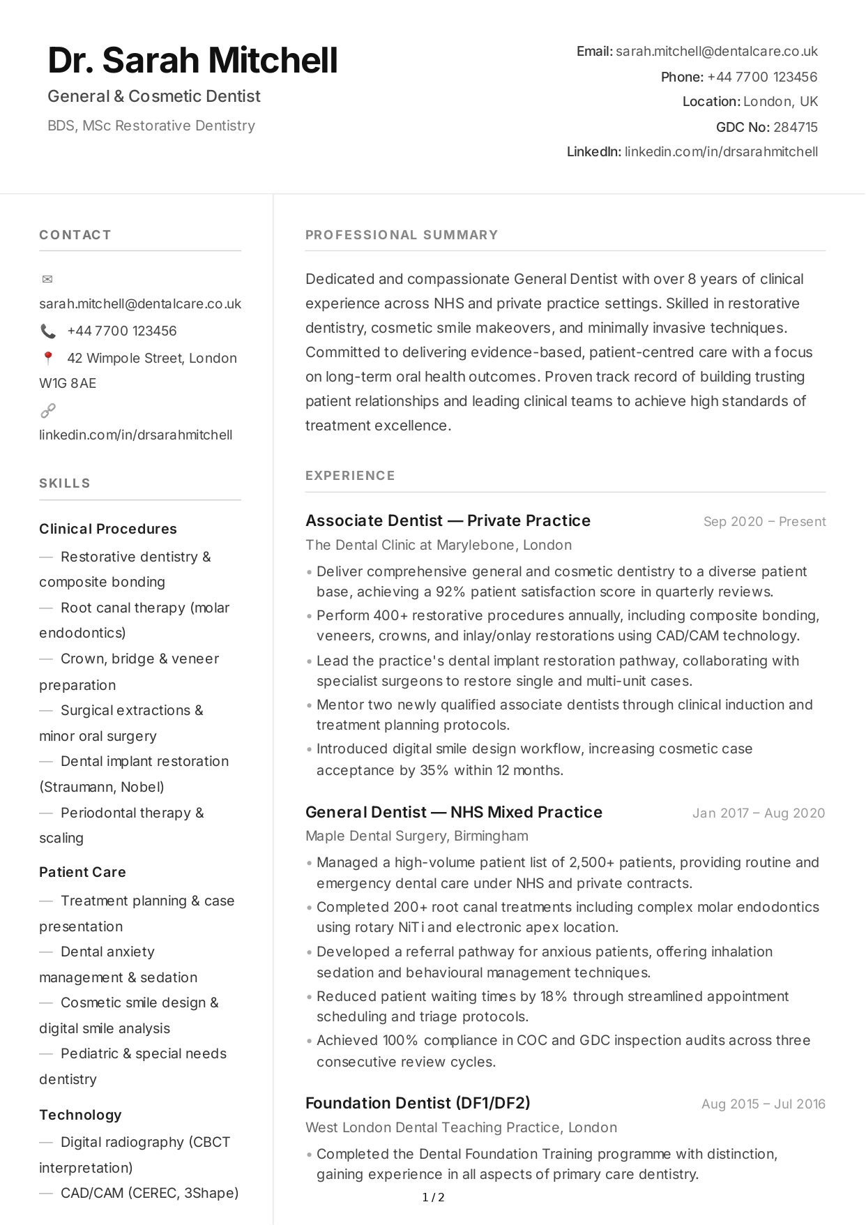 Dentist CV - Free AI CV Maker, 50+ Real CV Examples