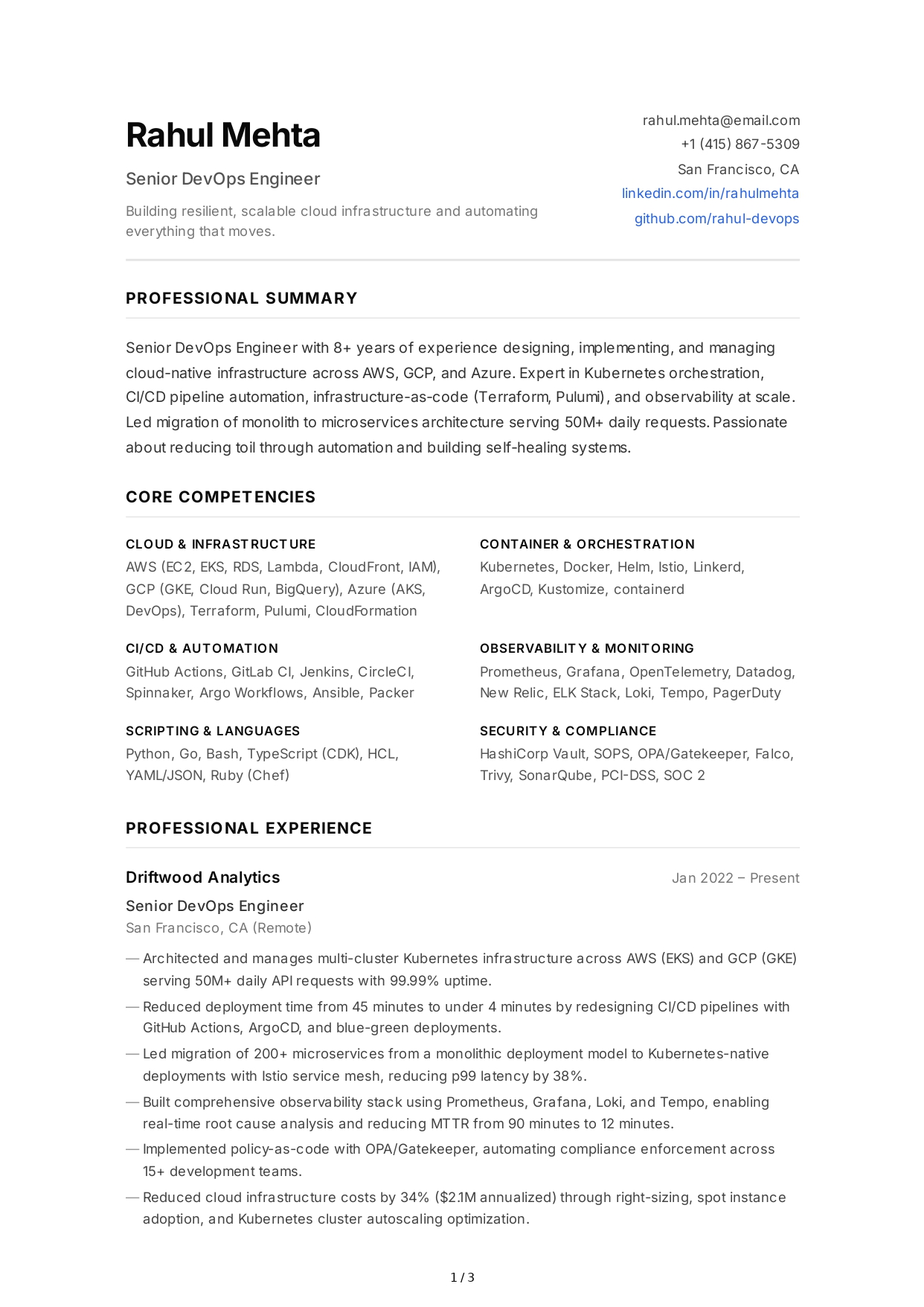 DevOps Engineer CV - Free AI CV Maker, 50+ Real CV Examples