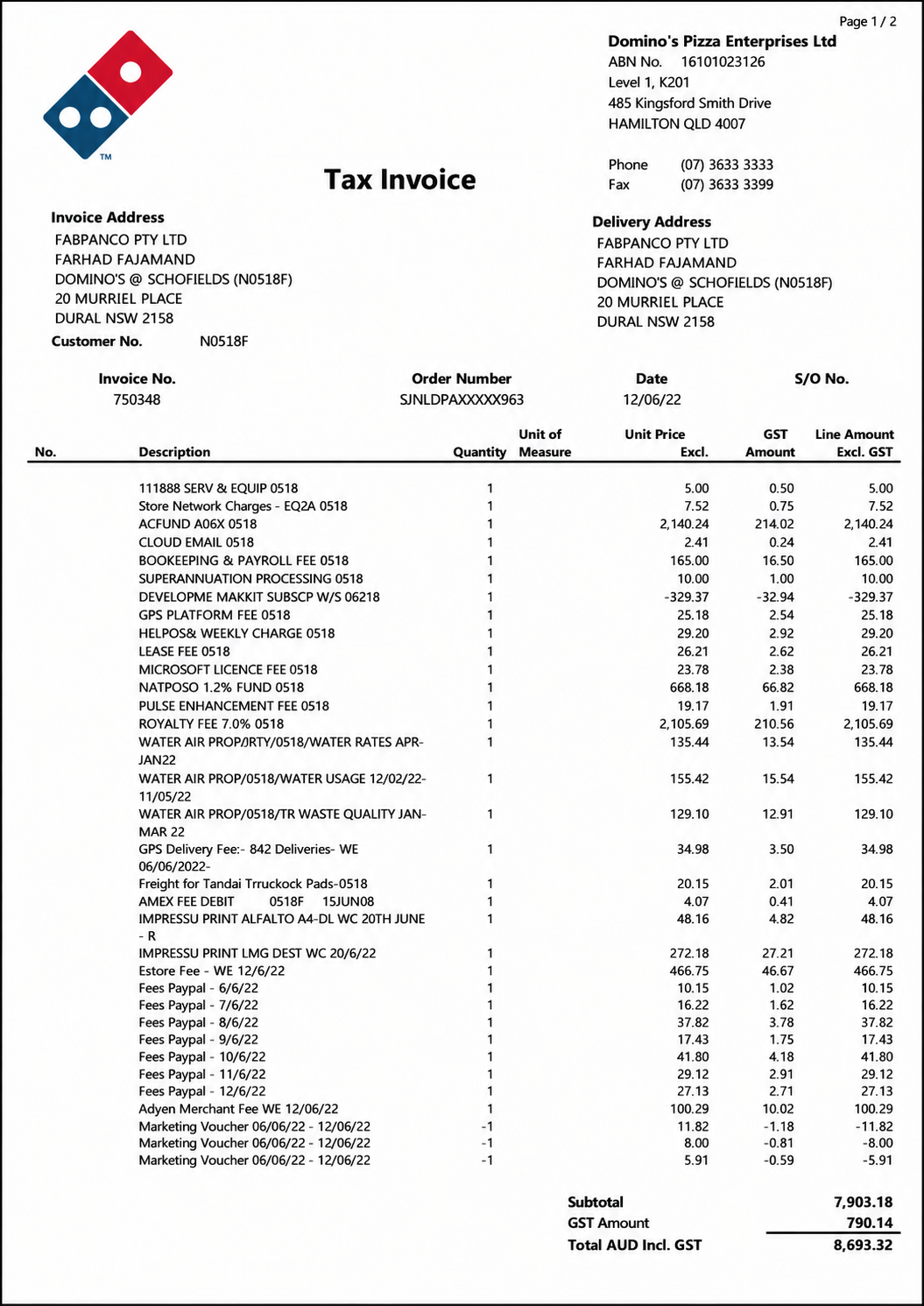 Domino's Invoice  - Free AI Invoice Generator, 50+ Real Invoice Examples