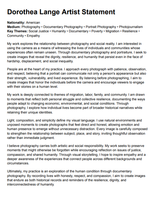 Dorothea Lange Artist Statement - Free AI Artist Statement Generator, 50+ Real Artist Statement Examples