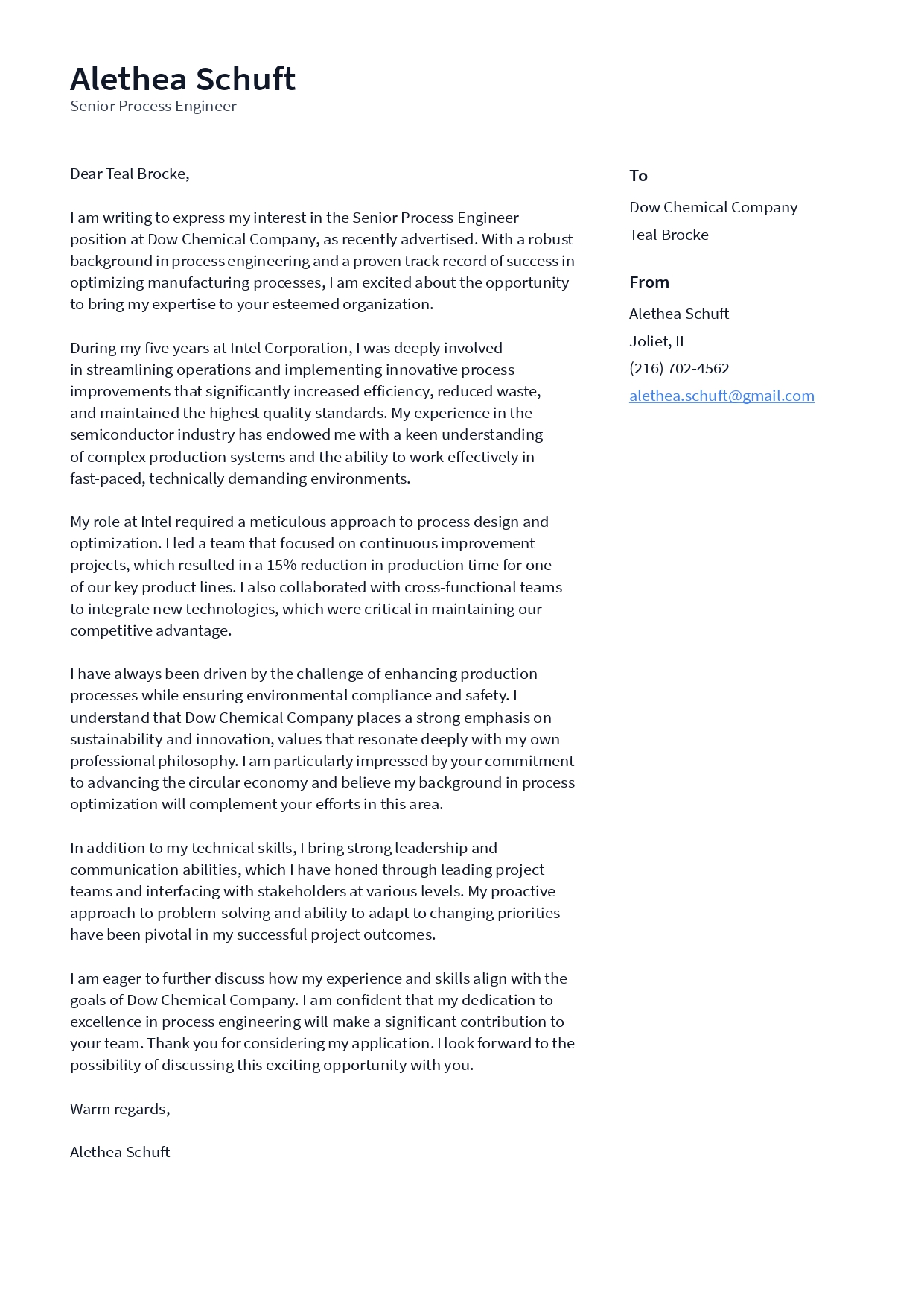 Dow Process Engineer Cover Letter - Free AI Cover Letter Generator, 50+ Real Cover Letter Examples