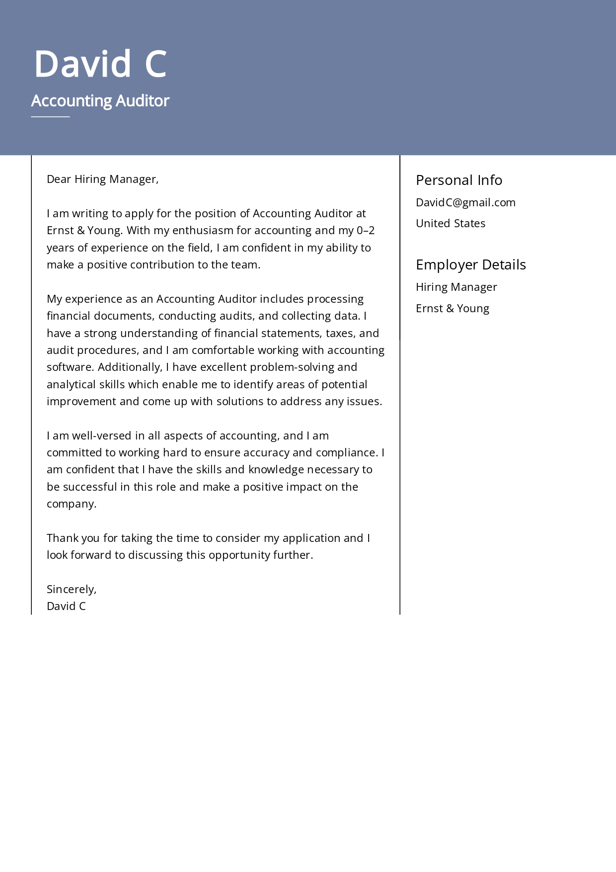 EY Auditor Cover Letter - Free AI Cover Letter Generator, 50+ Real Cover Letter Examples