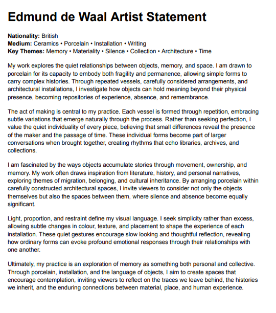 Edmund de Waal Artist Statement - Free AI Artist Statement Generator, 50+ Real Artist Statement Examples