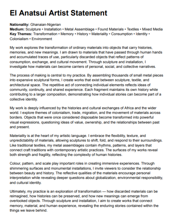 El Anatsui Artist Statement - Free AI Artist Statement Generator, 50+ Real Artist Statement Examples
