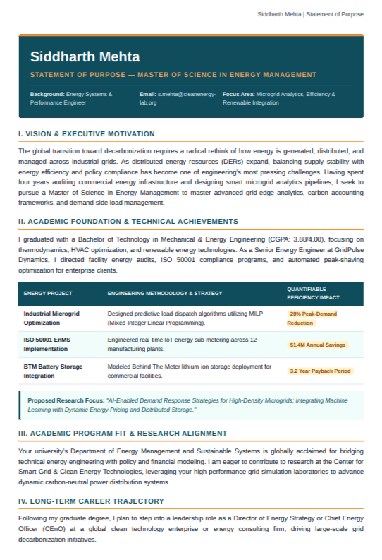 Energy Management Statement of Purpose - Free AI Statement of Purpose Generator with 50+ Real SOP Examples