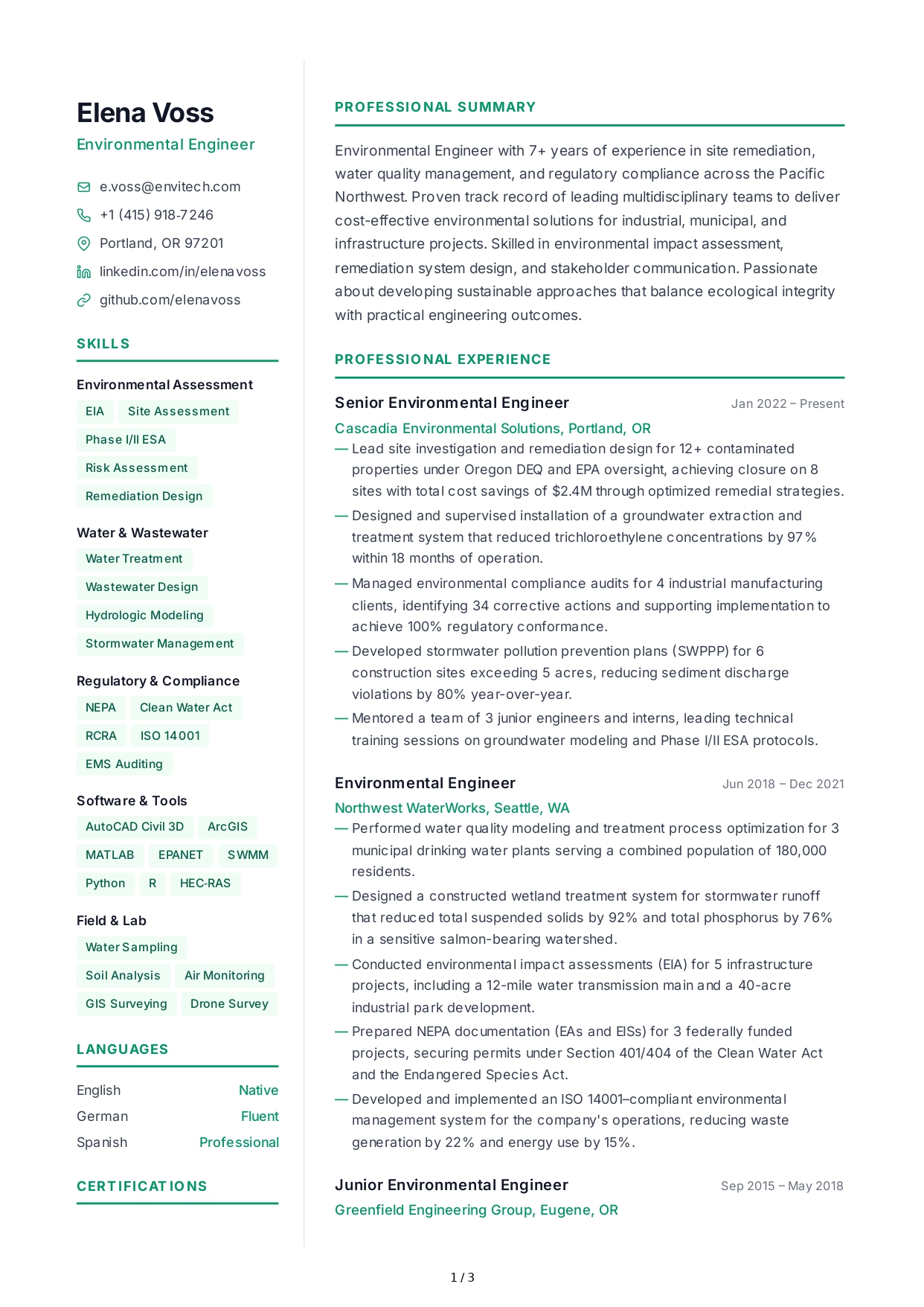 Environmental Engineer CV - Free AI CV Maker, 50+ Real CV Examples