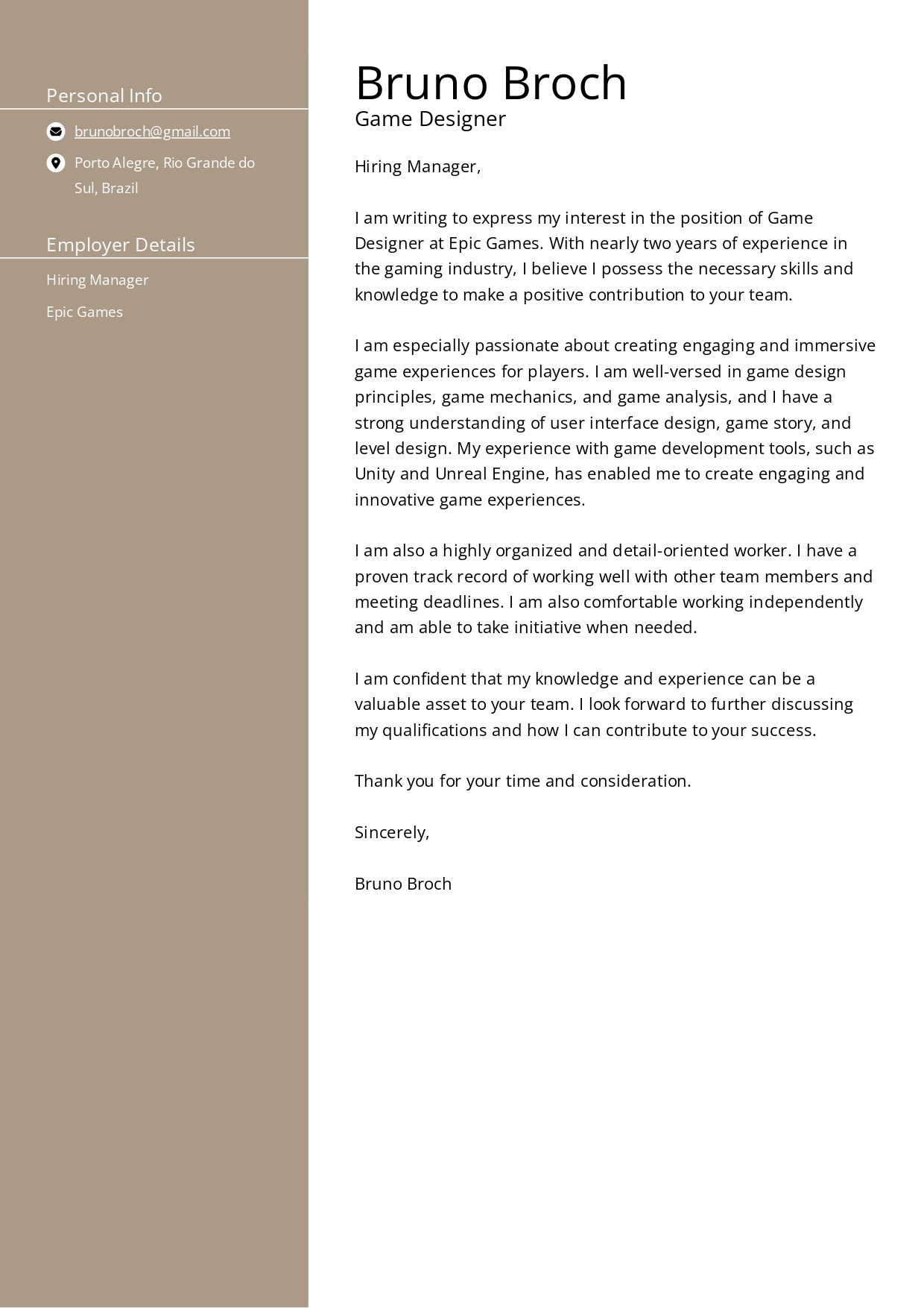 Epic Games Game Designer Cover Letter - Free AI Cover Letter Generator, 50+ Real Cover Letter Examples