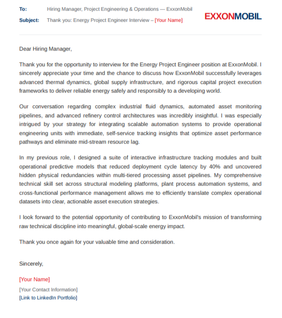 Exxon Mobil Energy Project Engineer - AI Thank you Email after Interview Generator