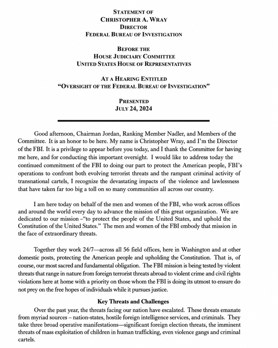 FBI Oversight Hearing Opening Statement - Free AI Opening Statement Generator, 50+ Real Opening Statement Examples